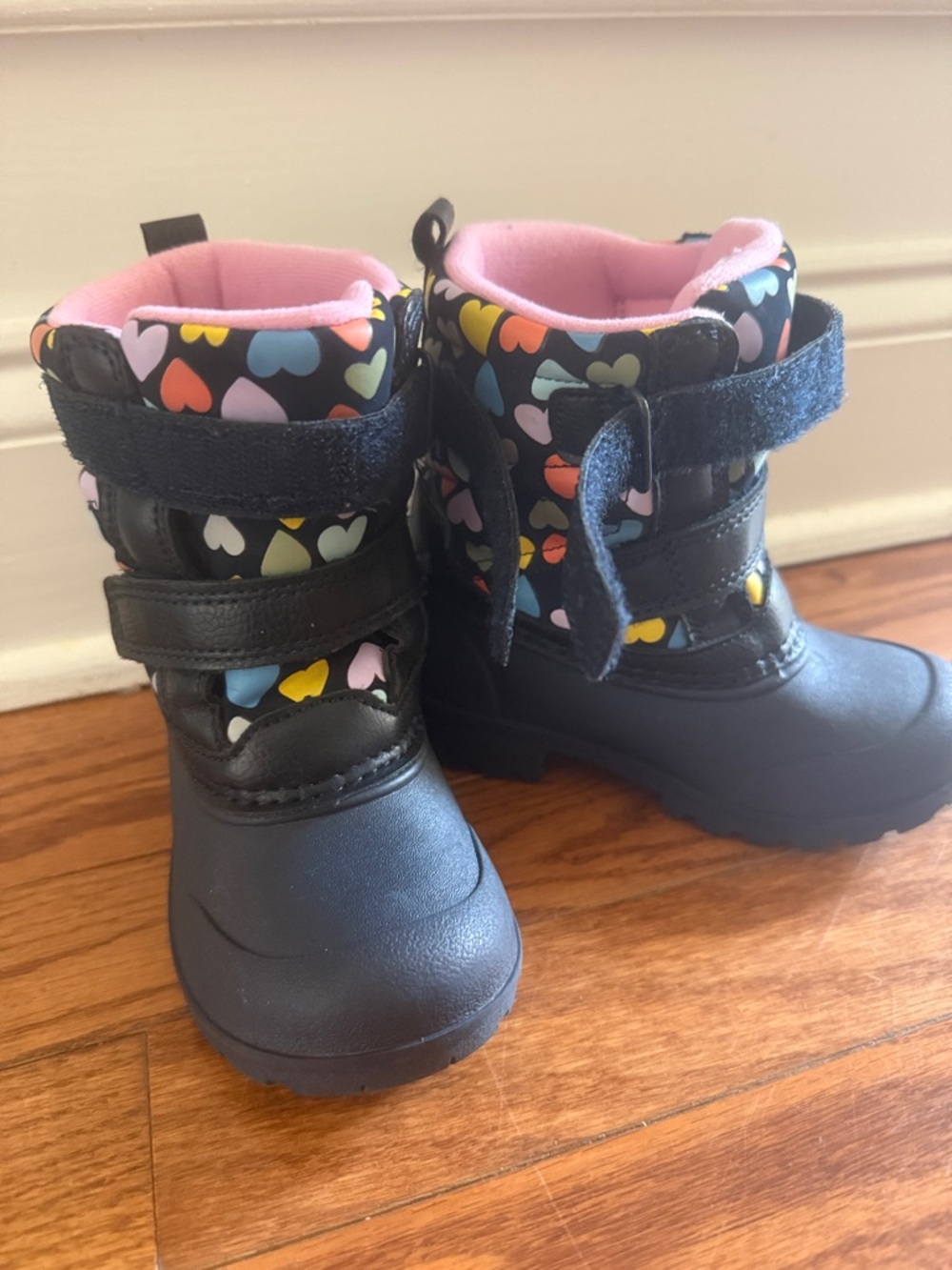 Carter's Black Kids Rain & Snow Boots with Pastel Heart Print and Pink Lining
